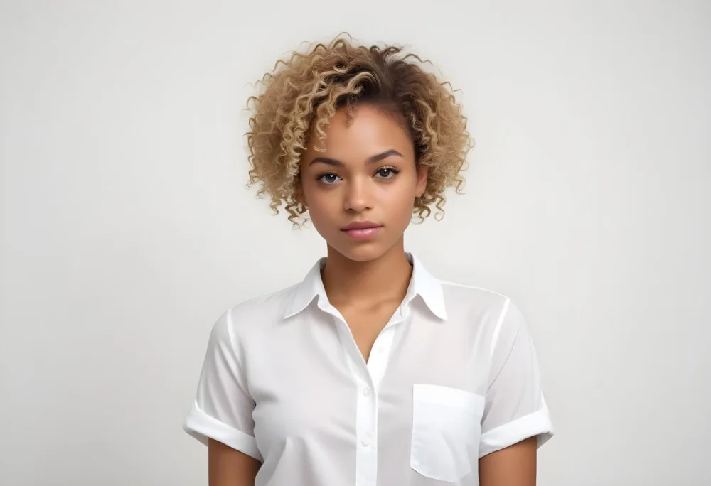 A Black Woman 25 Years Old With Curly Blonde Hair Wearing A White Shirt In A White Background 12 Db13