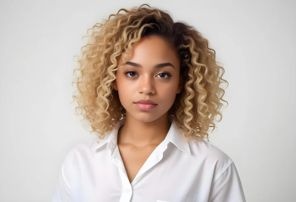 A Black Woman 25 Years Old With Curly Blonde Hair Wearing A White Shirt In A White Background 16