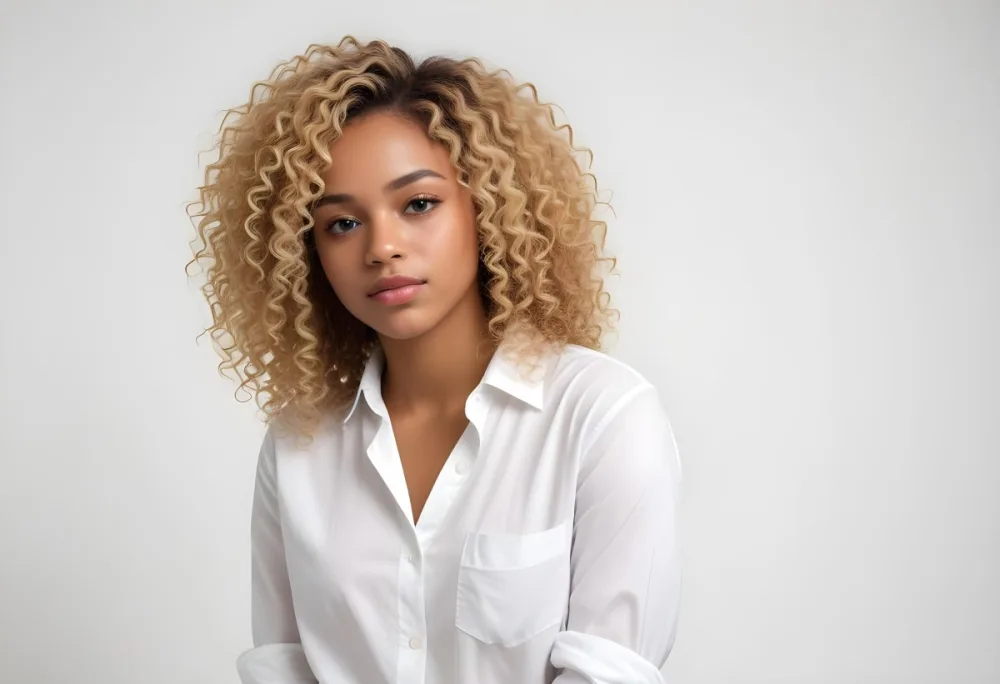 A Black Woman 25 Years Old With Curly Blonde Hair Wearing A White Shirt In A White Background 18 521d