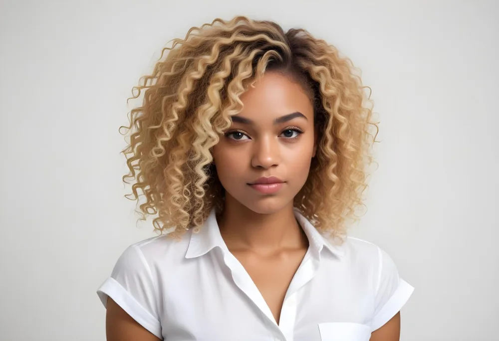 A Black Woman 25 Years Old With Curly Blonde Hair Wearing A White Shirt In A White Background 19 7bd5