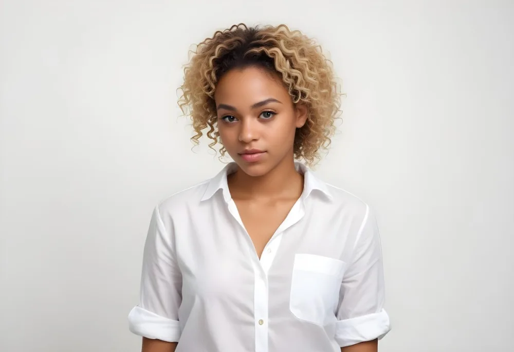 A Black Woman 25 Years Old With Curly Blonde Hair Wearing A White Shirt In A White Background 24 978d