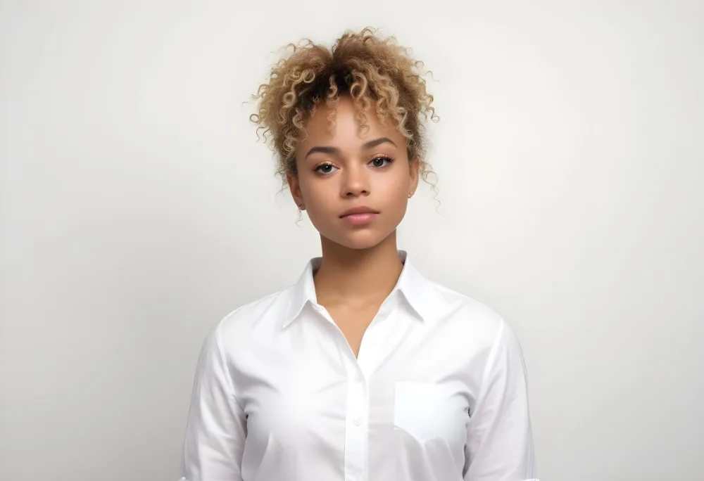 A Black Woman 25 Years Old With Curly Blonde Hair Wearing A White Shirt In A White Background 26 0cce