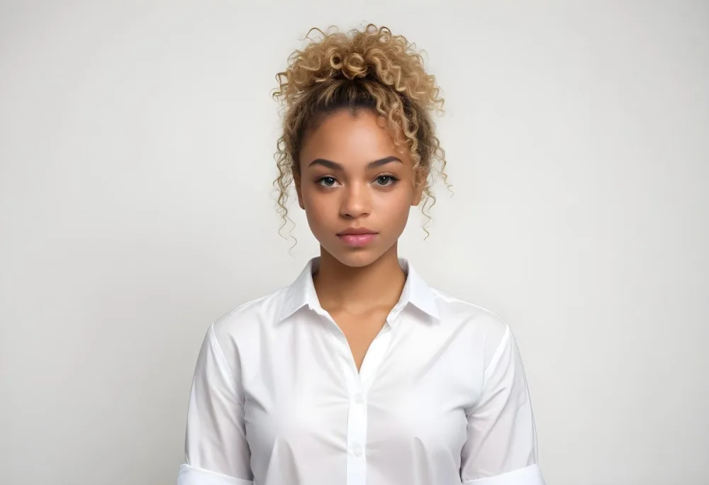 A Black Woman 25 Years Old With Curly Blonde Hair Wearing A White Shirt In A White Background 30 14c8