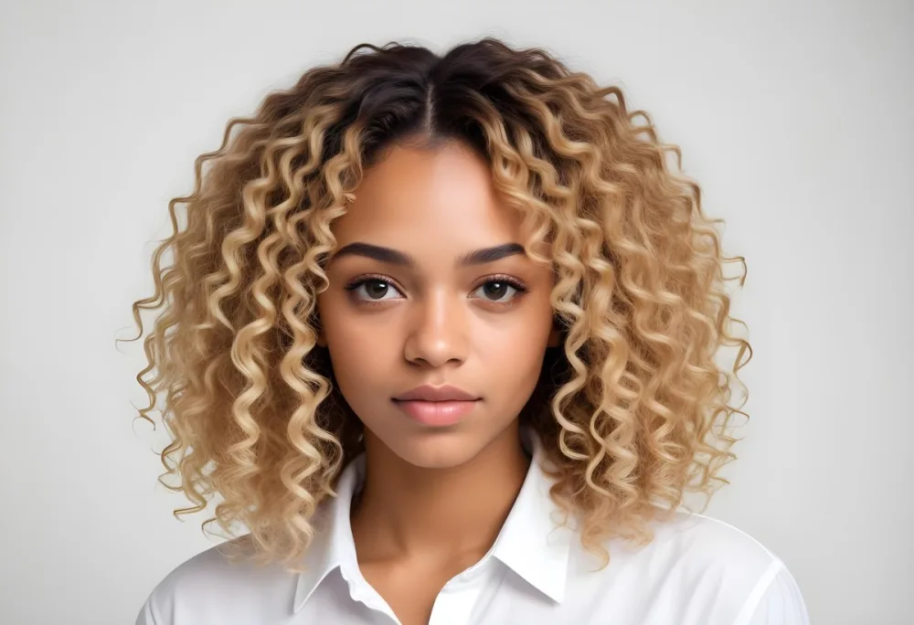 A Black Woman 25 Years Old With Curly Blonde Hair Wearing A White Shirt In A White Background 31