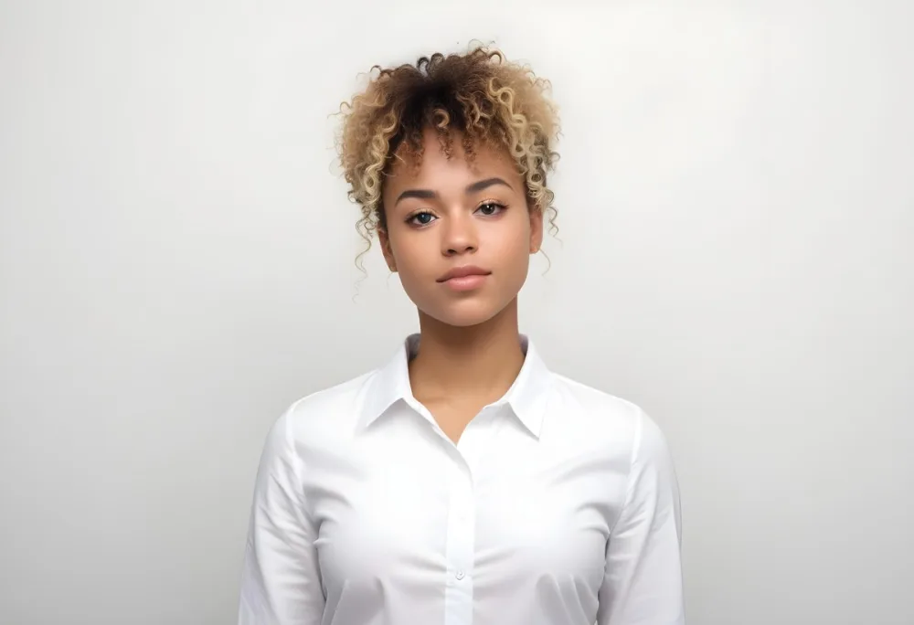 A Black Woman 25 Years Old With Curly Blonde Hair Wearing A White Shirt In A White Background 32 De23