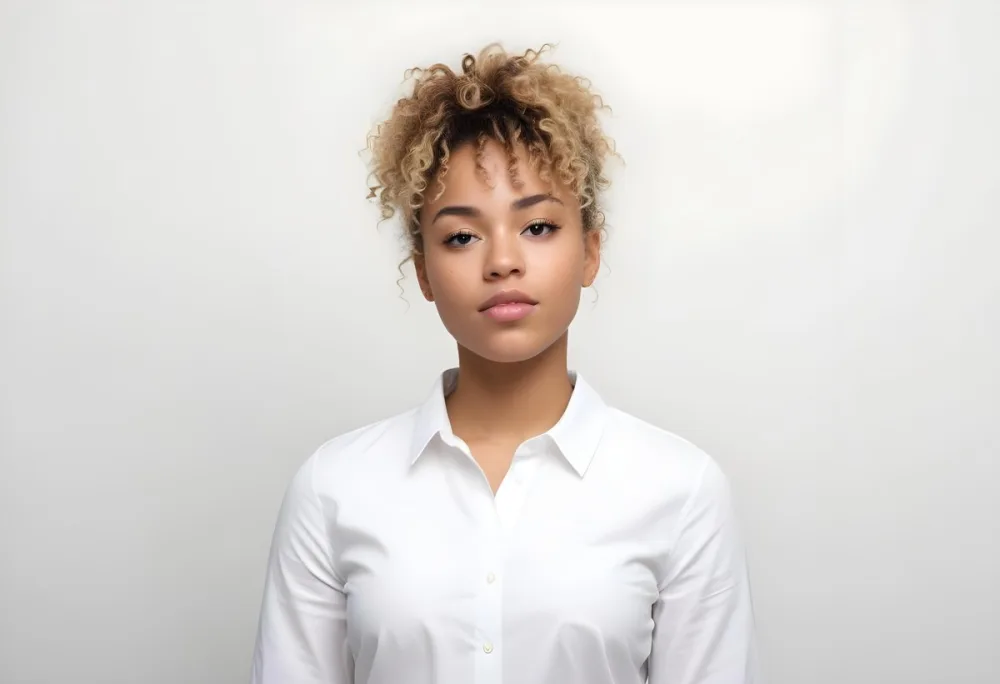 A Black Woman 25 Years Old With Curly Blonde Hair Wearing A White Shirt In A White Background 34 6908