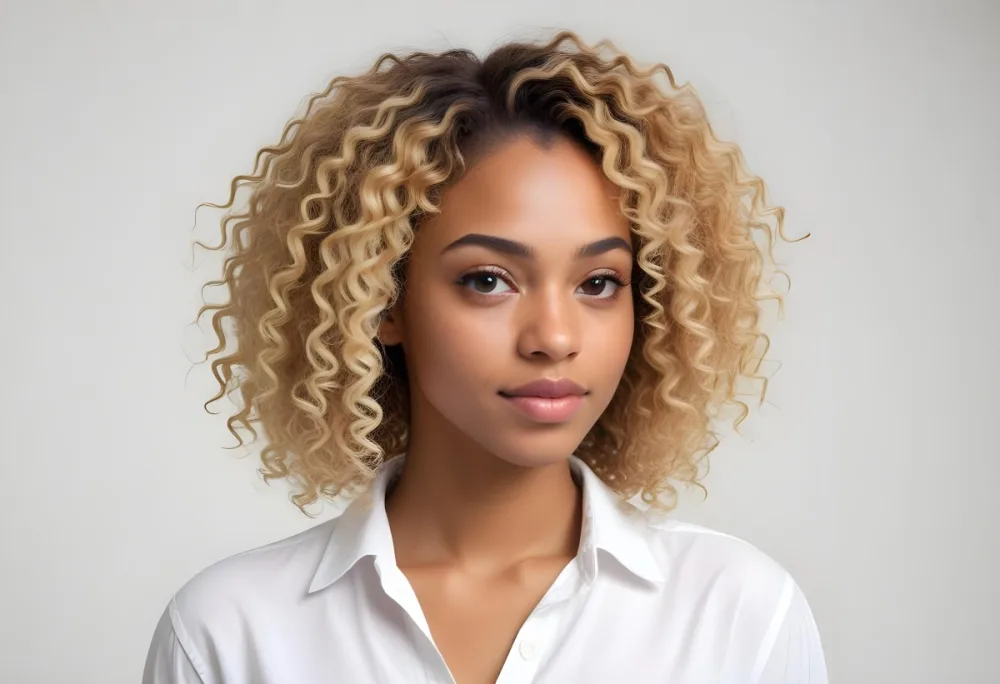 A Black Woman 25 Years Old With Curly Blonde Hair Wearing A White Shirt In A White Background 35 84f2