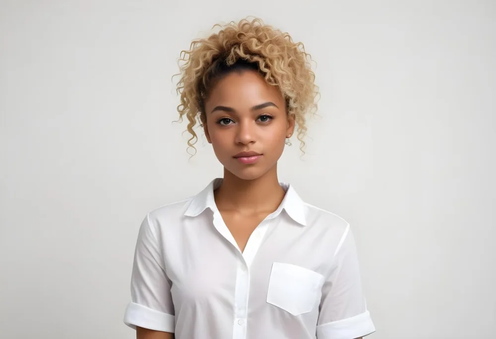 A Black Woman 25 Years Old With Curly Blonde Hair Wearing A White Shirt In A White Background 39 0469
