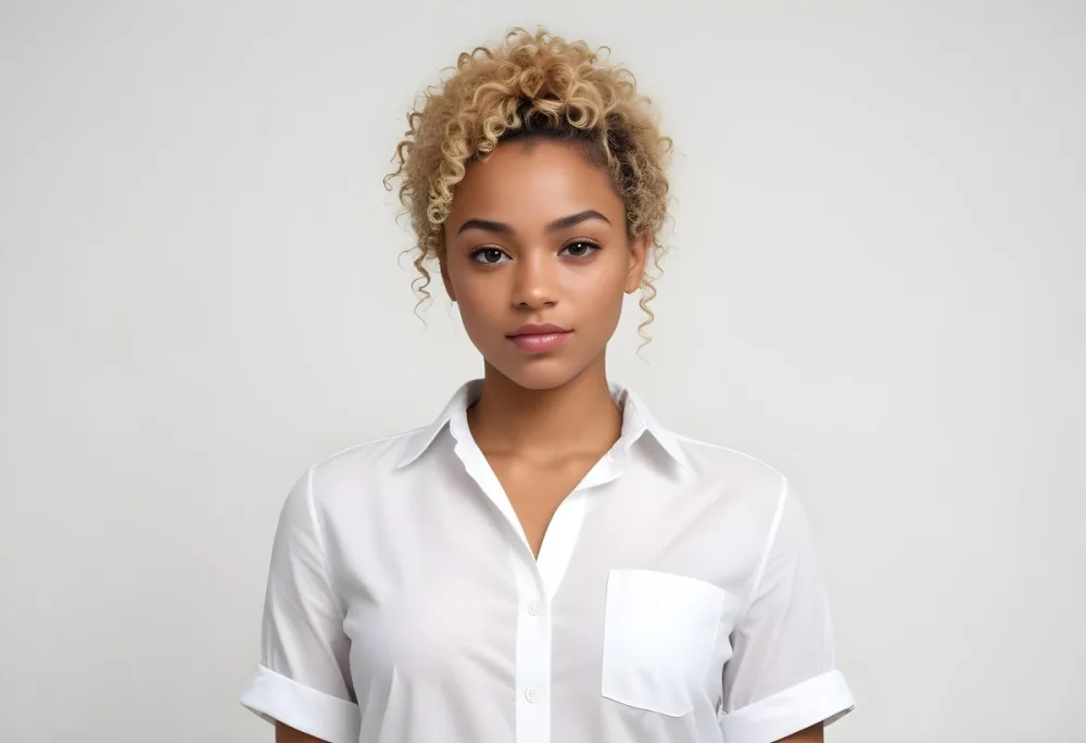 A Black Woman 25 Years Old With Curly Blonde Hair Wearing A White Shirt In A White Background 41 218d