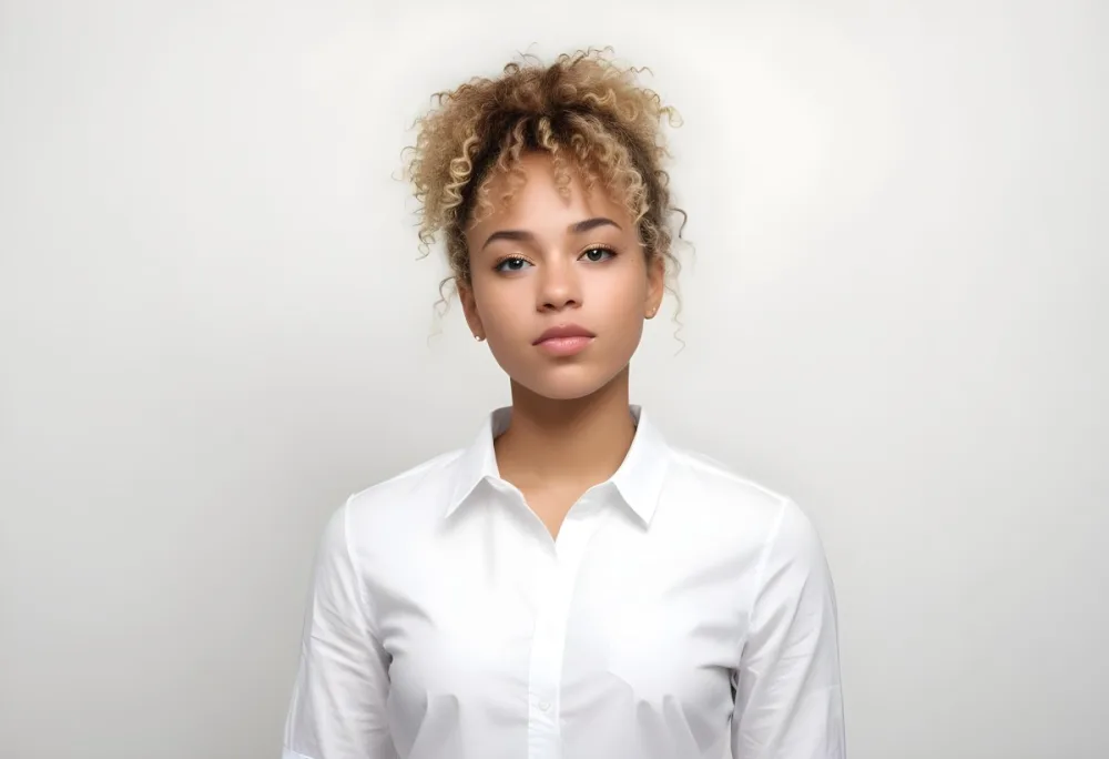 A Black Woman 25 Years Old With Curly Blonde Hair Wearing A White Shirt In A White Background 7 465a