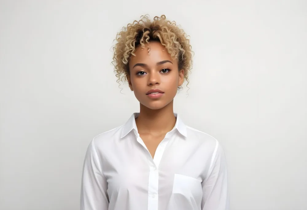 A Black Woman 25 Years Old With Curly Blonde Hair Wearing A White Shirt In A White Background 8 121b