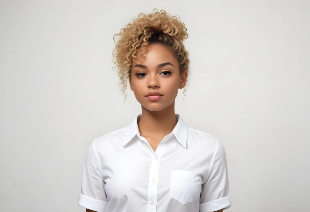 A Black Woman 25 Years Old With Curly Blonde Hair Wearing A White Shirt In A White Background 9 A176