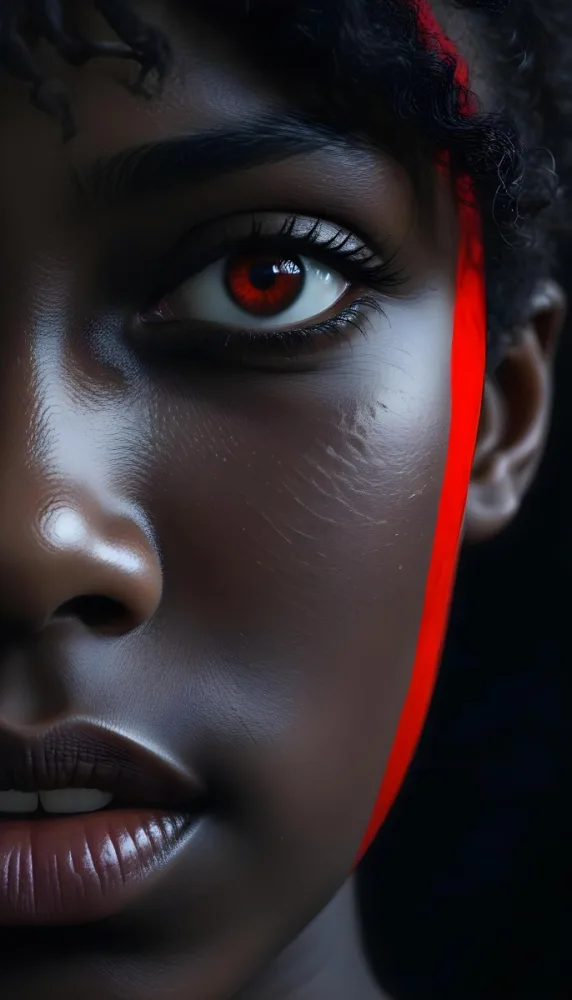 A Black Woman 25 Years Old With Dark Skin And Red Eyes A Black Line On Her Face Dark Background 23 343a