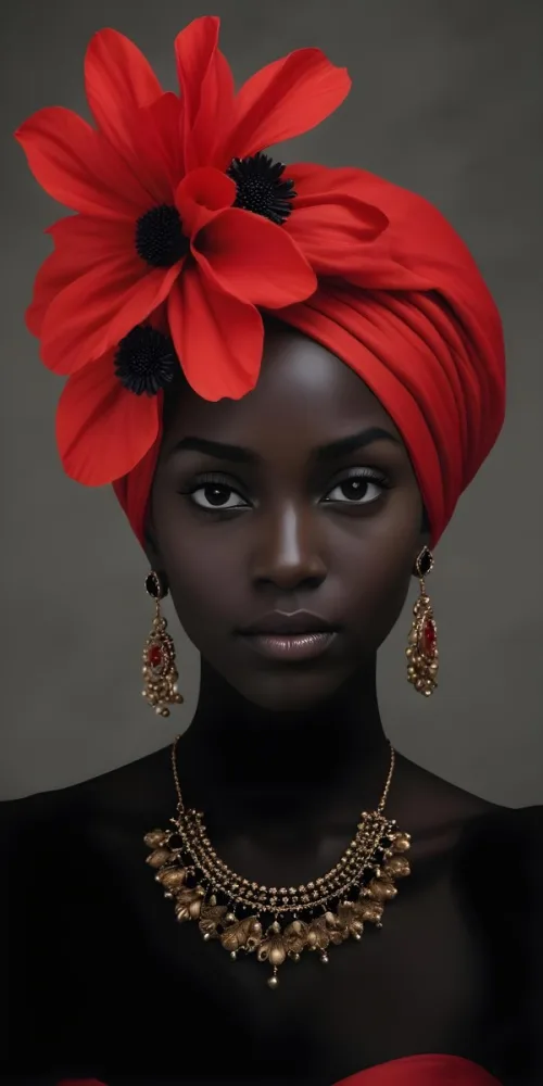 A Black Woman 25 Years Old With Dark Skin Wearing A Red Turban With A Big Black Flower Black Earrings Dark Background 20 22a9
