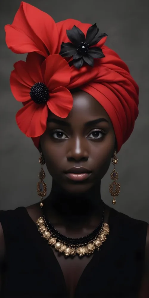 A Black Woman 25 Years Old With Dark Skin Wearing A Red Turban With A Big Black Flower Black Earrings Dark Background 24 D1ae