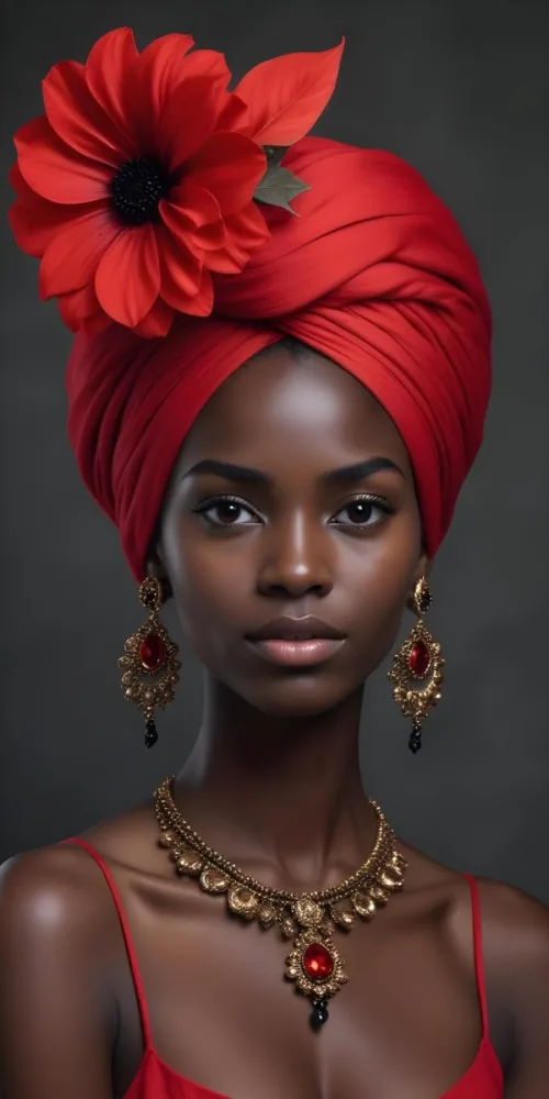 A Black Woman 25 Years Old With Dark Skin Wearing A Red Turban With A Big Black Flower Black Earrings Dark Background 27 2b74