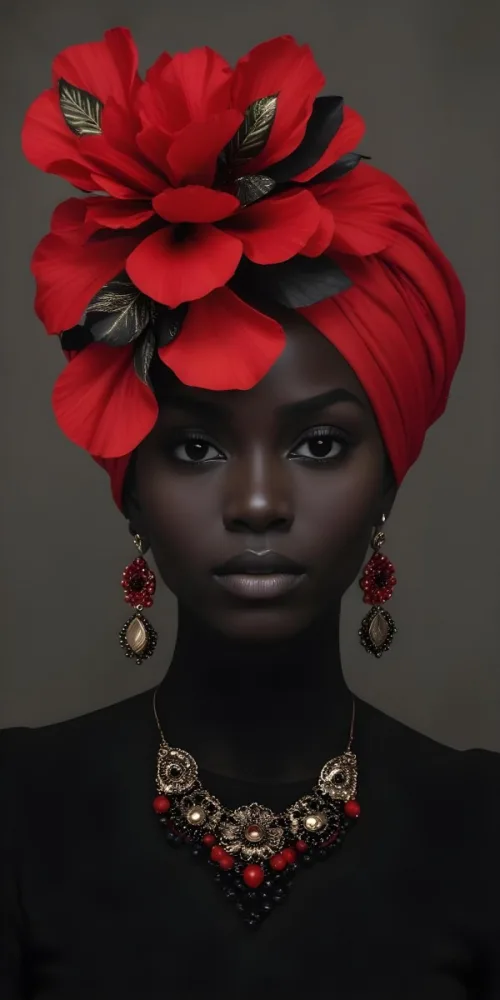 A Black Woman 25 Years Old With Dark Skin Wearing A Red Turban With A Big Black Flower Black Earrings Dark Background 28 A340