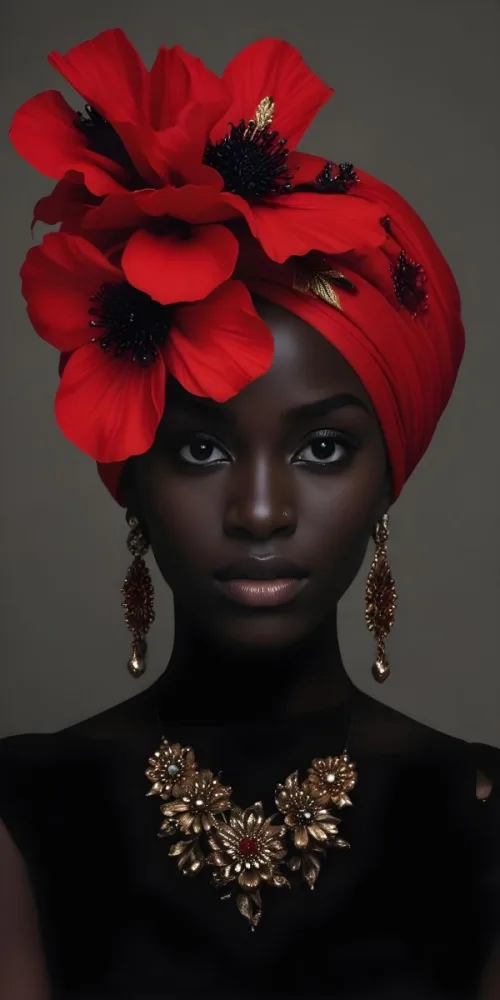 A Black Woman 25 Years Old With Dark Skin Wearing A Red Turban With A Big Black Flower Black Earrings Dark Background 30 7f70