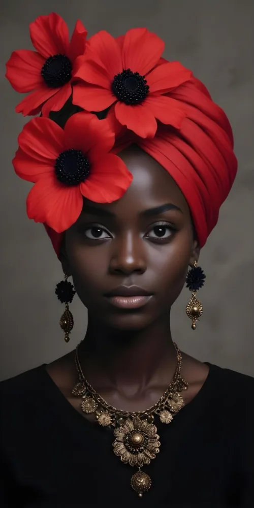 A Black Woman 25 Years Old With Dark Skin Wearing A Red Turban With A Big Black Flower Black Earrings Dark Background 33 A888