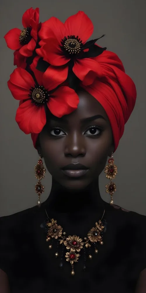A Black Woman 25 Years Old With Dark Skin Wearing A Red Turban With A Big Black Flower Black Earrings Dark Background 9 352b
