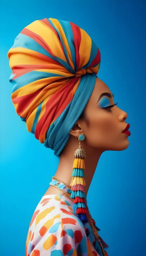 A Black Woman 25 Years Old With Light Skin Black Lips Wearing A Colorful Turban And Earrings With Tassels In A Red Background 20 6245