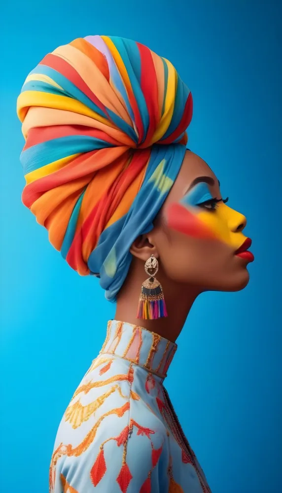 A Black Woman 25 Years Old With Light Skin Black Lips Wearing A Colorful Turban And Earrings With Tassels In A Red Background 3 Ac29