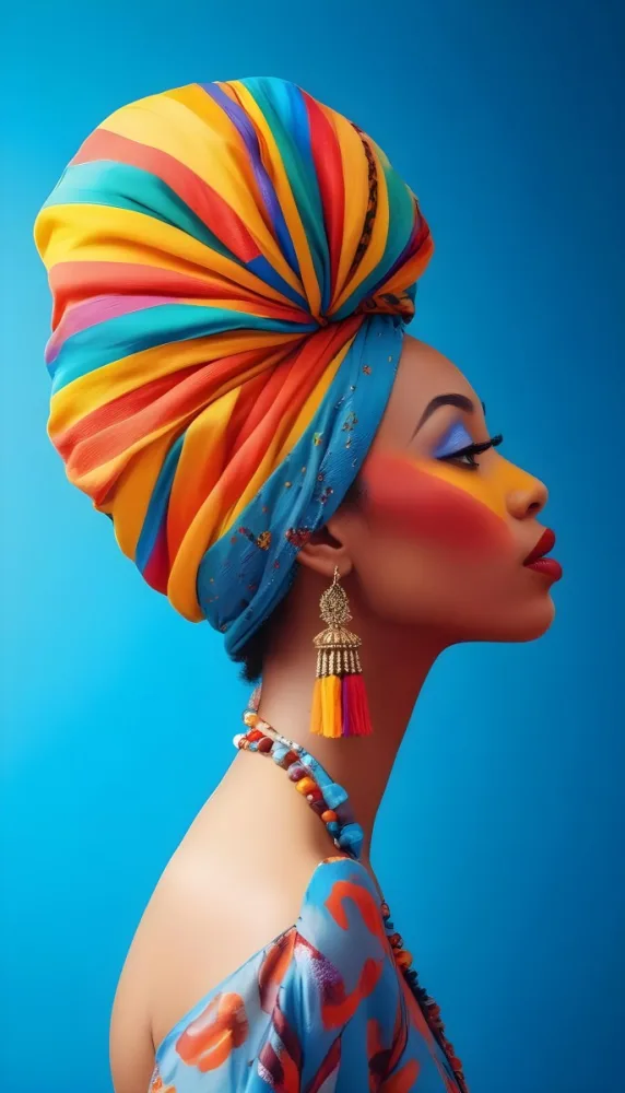 A Black Woman 25 Years Old With Light Skin Black Lips Wearing A Colorful Turban And Earrings With Tassels In A Red Background 5 44cc