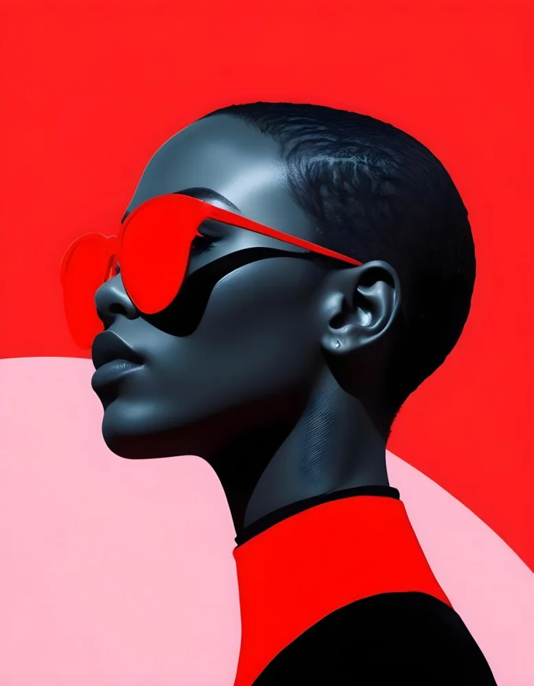 A Black Woman 25 Years Old With Short Red Hair And Light Skin Wearing Black Sunglasses Black Shirt Light Pink And Red Background 17 Bfc6
