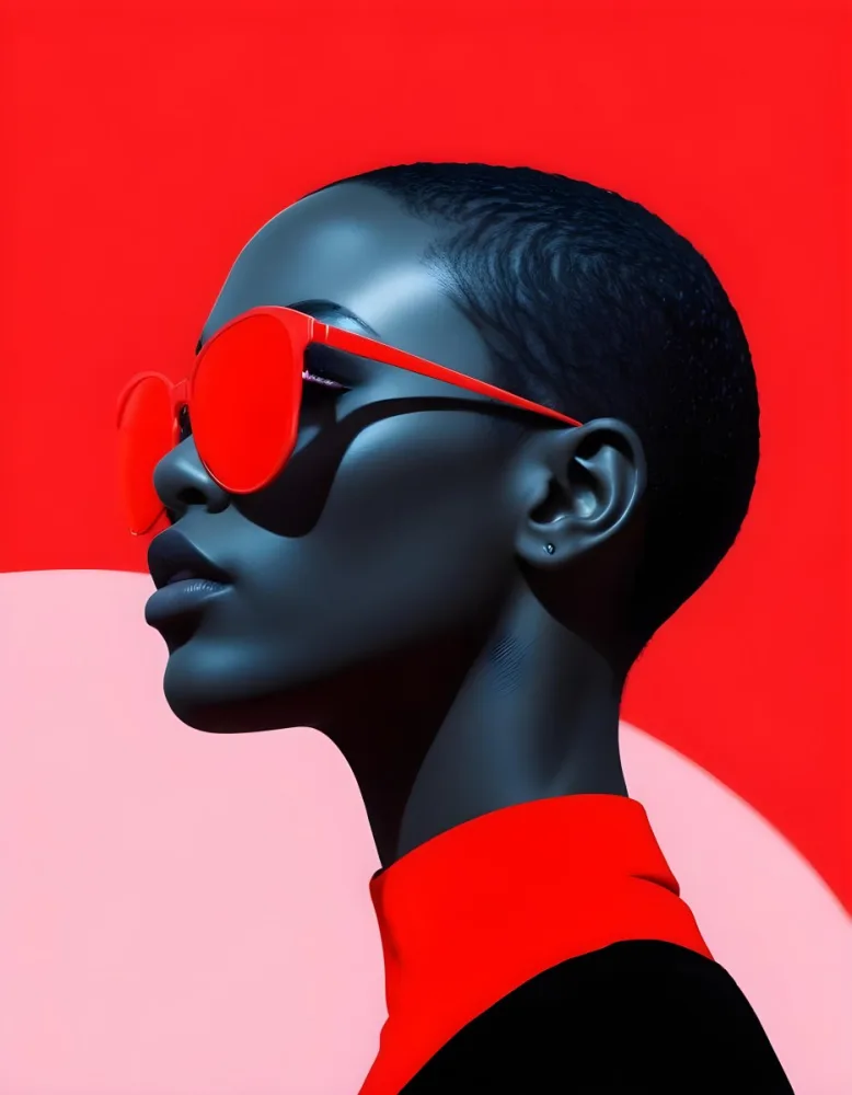 A Black Woman 25 Years Old With Short Red Hair And Light Skin Wearing Black Sunglasses Black Shirt Light Pink And Red Background 6 3f0d