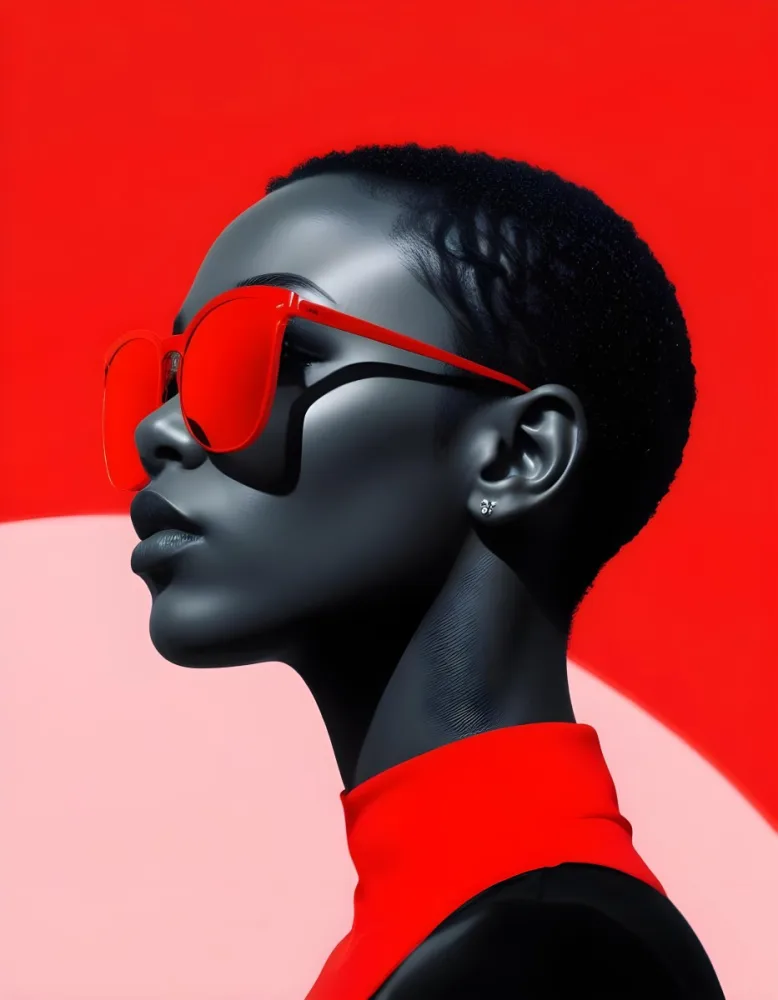 A Black Woman 25 Years Old With Short Red Hair And Light Skin Wearing Black Sunglasses Red Shirt Light Red And Red Background 36 49cb