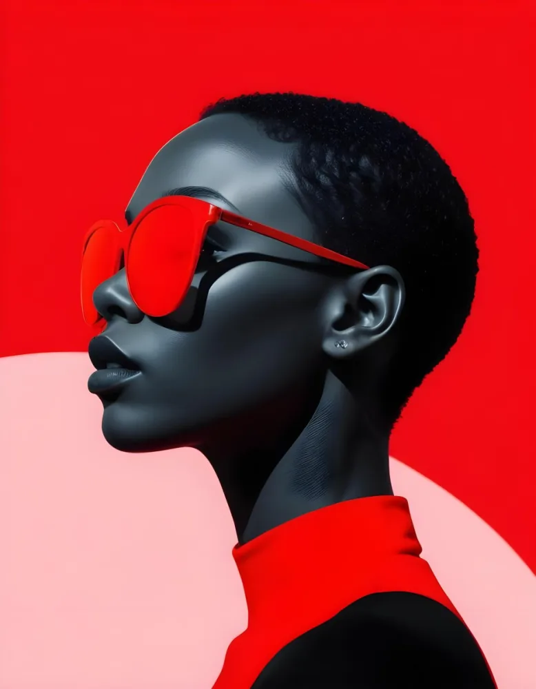 A Black Woman 25 Years Old With Short Red Hair And Light Skin Wearing Black Sunglasses Red Shirt Light Red And Red Background 37 9c4c