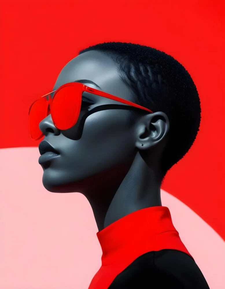 A Black Woman 25 Years Old With Short Red Hair And Light Skin Wearing Black Sunglasses Red Shirt Light Red And Red Background 9 3e63