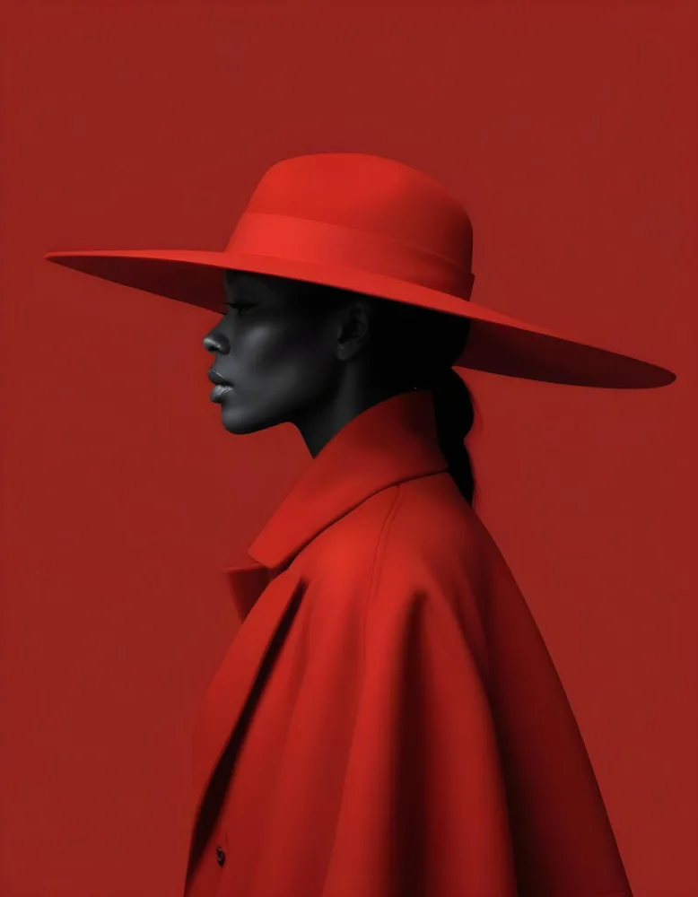 A Black Woman 30 Years Old Wearing A Black Hat And A Black Coat Side View Dark Skin Black Background Elegant Fashion Photography Studio Lighting High Contrast Minimalist 15 137d