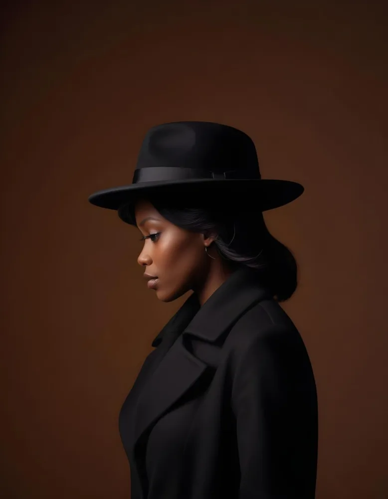 A Black Woman 30 Years Old Wearing A Black Hat And A Black Coat Side View Dark Skin Black Background Elegant Fashion Photography Studio Lighting High Contrast Minimalist 16 Da71