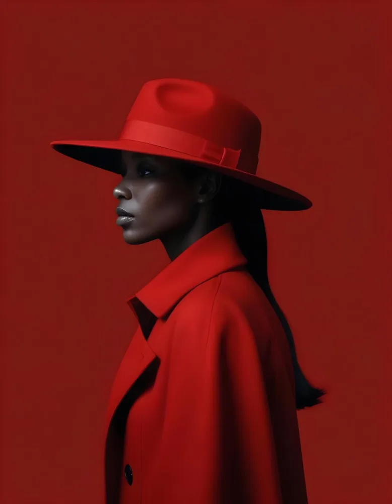 A Black Woman 30 Years Old Wearing A Black Hat And A Black Coat Side View Dark Skin Black Background Elegant Fashion Photography Studio Lighting High Contrast Minimalist 21 2c0e
