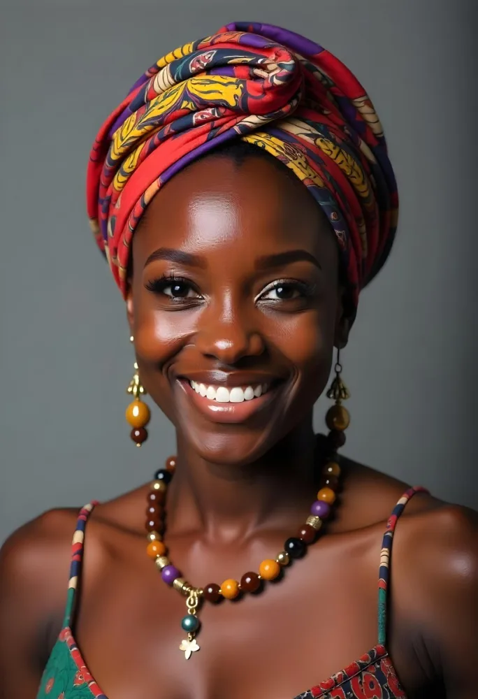 A Black Woman Age 23 With Dark Skin Wearing A Colorful Turban Earrings And A Necklace Smiling In Front Of A Grey Background 2 D90e