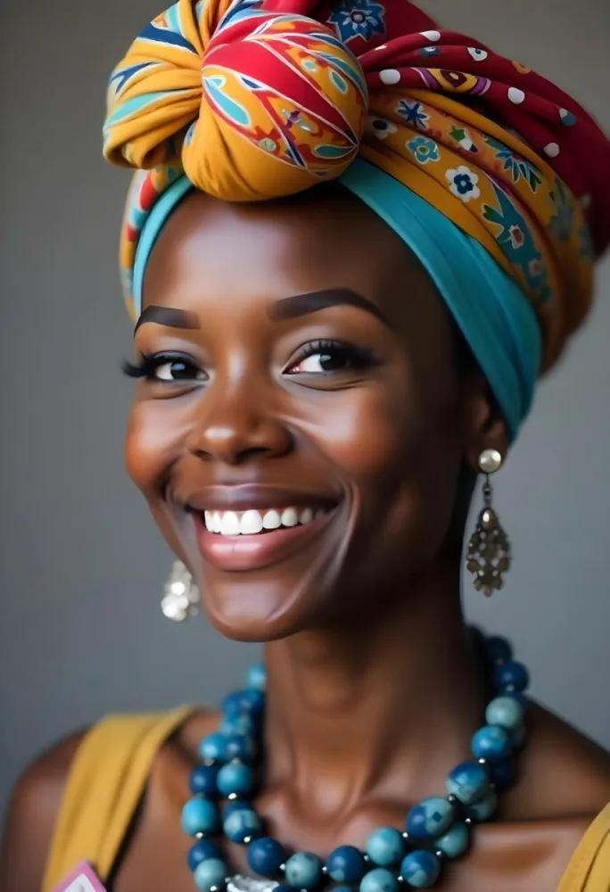 A Black Woman Age 23 With Dark Skin Wearing A Colorful Turban Earrings And A Necklace Smiling In Front Of A Grey Background 8 3058