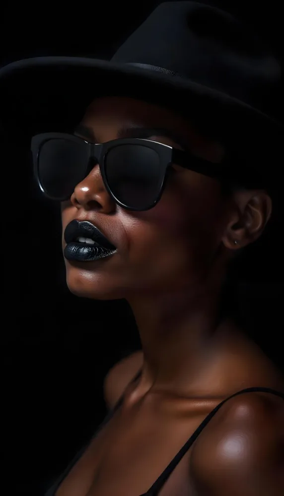 A Black Woman Age 25 With Dark Skin Wearing A Black Hat And Black Sunglasses Black Lips In A Black Background 21 661e