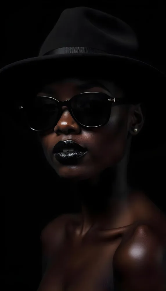A Black Woman Age 25 With Dark Skin Wearing A Black Hat And Black Sunglasses Black Lips In A Black Background 24 757d