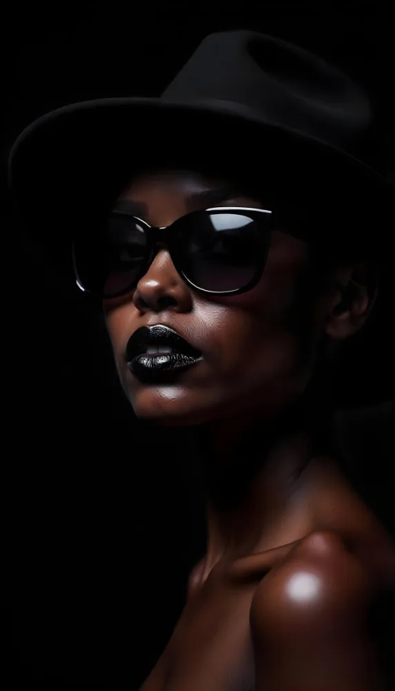 A Black Woman Age 25 With Dark Skin Wearing A Black Hat And Black Sunglasses Black Lips In A Black Background 28 B78a
