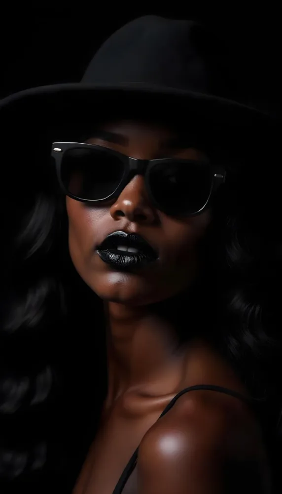 A Black Woman Age 25 With Dark Skin Wearing A Black Hat And Black Sunglasses Black Lips In A Black Background 29 C2a8