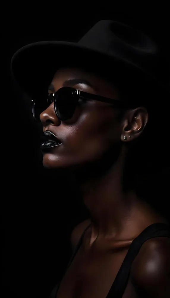A Black Woman Age 25 With Dark Skin Wearing A Black Hat And Black Sunglasses Black Lips In A Black Background 31 C89c