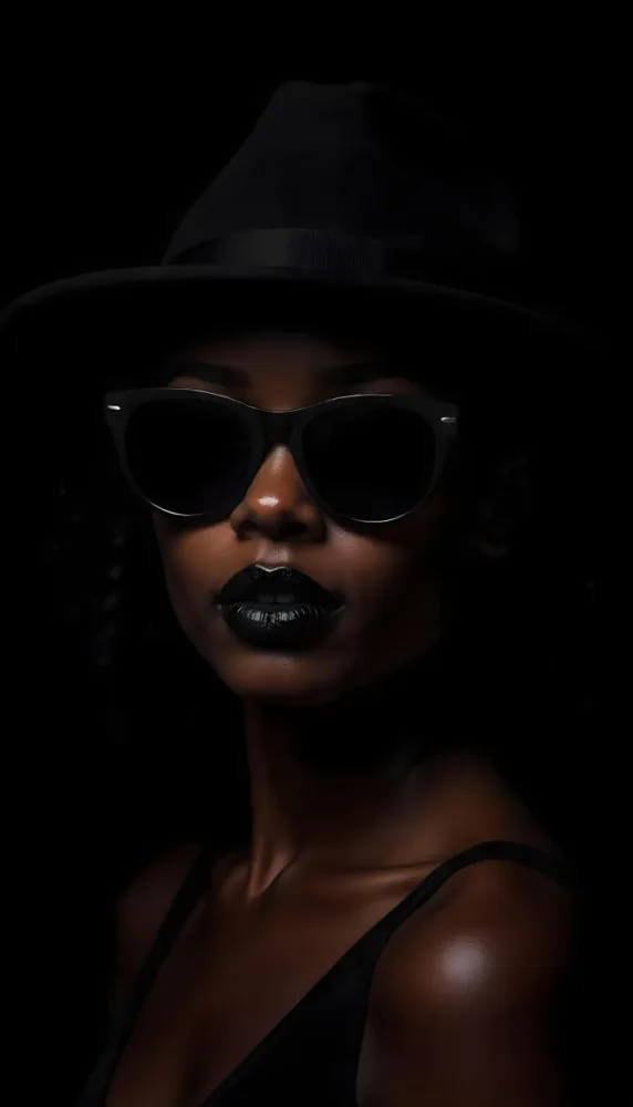A Black Woman Age 25 With Dark Skin Wearing A Black Hat And Black Sunglasses Black Lips In A Black Background 34 603c