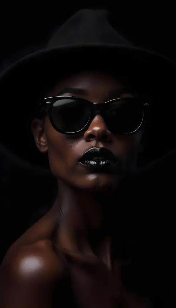 A Black Woman Age 25 With Dark Skin Wearing A Black Hat And Black Sunglasses Black Lips In A Black Background 37 D81e