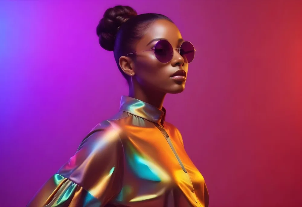 A Black Woman In Her 20s With A Sleek Bun Hairstyle Wearing Round Sunglasses And A Shiny Iridescent Shirt The Background Features Vibrant Purple And Pink Hues Creating A Striking Contrast With Her Outfit 16 7387
