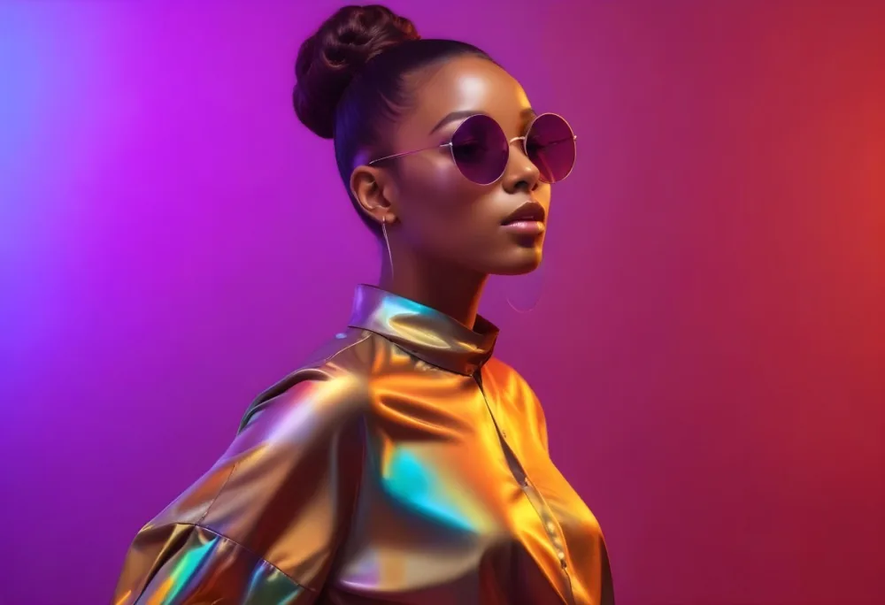 A Black Woman In Her 20s With A Sleek Bun Hairstyle Wearing Round Sunglasses And A Shiny Iridescent Shirt The Background Features Vibrant Purple And Pink Hues Creating A Striking Contrast With Her Outfit 17 7633