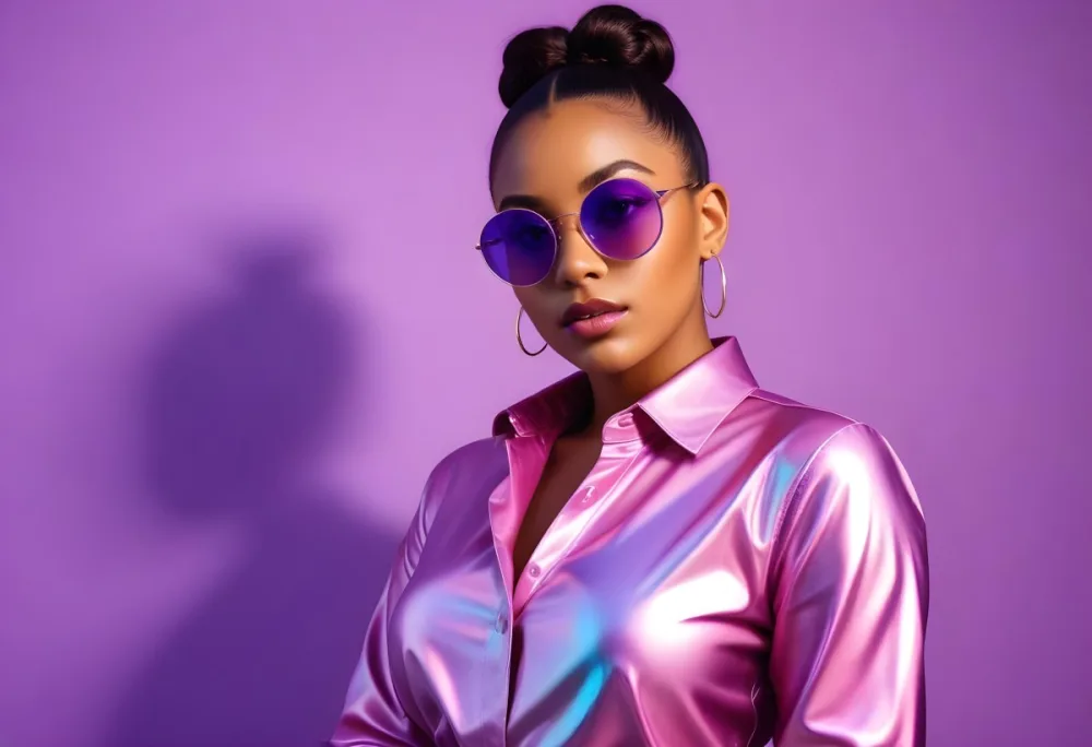 A Black Woman In Her 20s With A Sleek Bun Hairstyle Wearing Round Sunglasses And A Shiny Iridescent Shirt The Background Features Vibrant Purple And Pink Hues Creating A Striking Contrast With Her Outfit 6 7aae