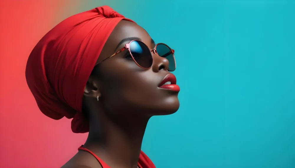 A Black Woman With Dark Skin Approximately 25 Years Old Wearing A Bright Red Headscarf And Stylish Sunglasses Her Lips Are Painted A Bold Red And She Is Posed With Her Head Tilted Slightly Upward Against A Gradien 15 Ed02
