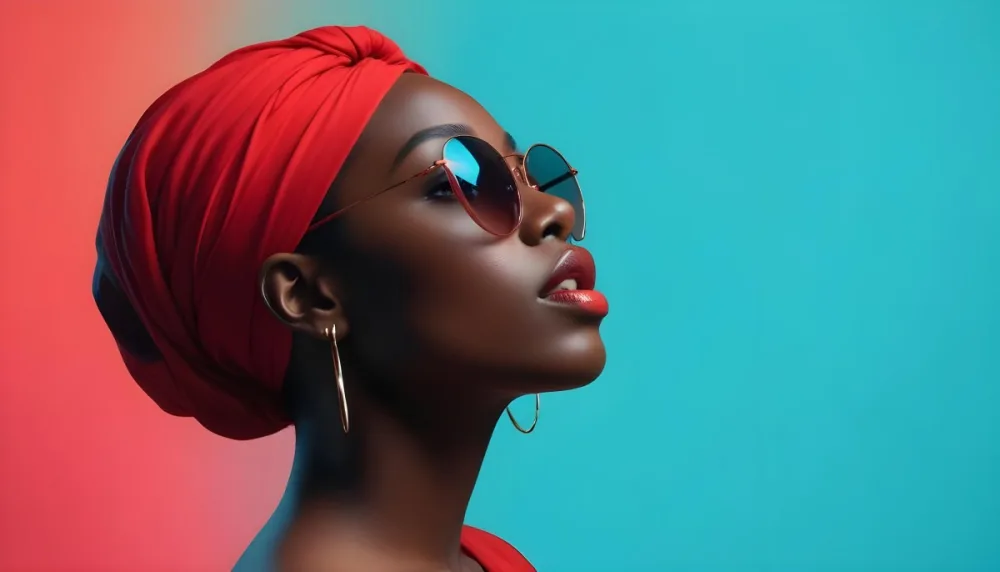 A Black Woman With Dark Skin Approximately 25 Years Old Wearing A Bright Red Headscarf And Stylish Sunglasses Her Lips Are Painted A Bold Red And She Is Posed With Her Head Tilted Slightly Upward Against A Gradien 20 Daf7