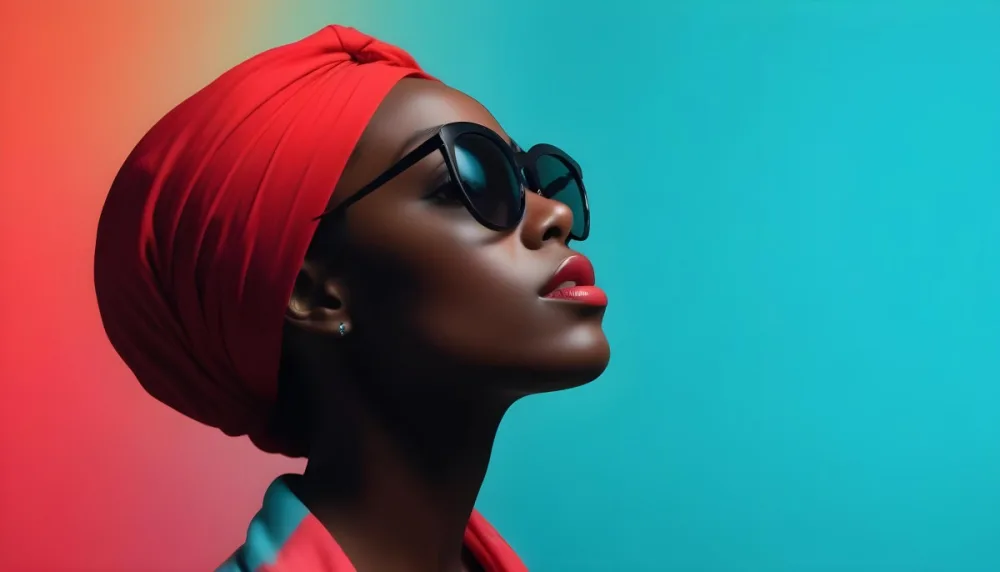 A Black Woman With Dark Skin Approximately 25 Years Old Wearing A Bright Red Headscarf And Stylish Sunglasses Her Lips Are Painted A Bold Red And She Is Posed With Her Head Tilted Slightly Upward Against A Gradien 27 1c96